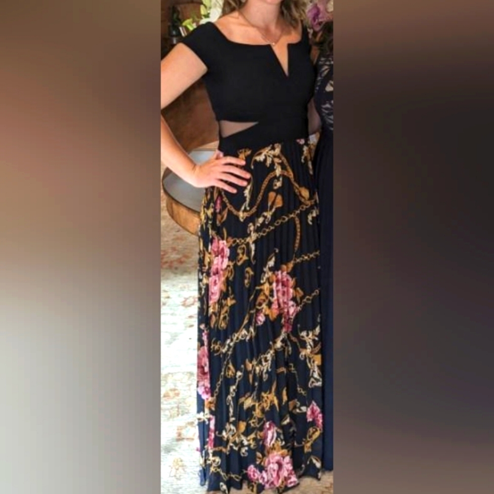 Xscape Navy Floral Mesh Gown Size 4